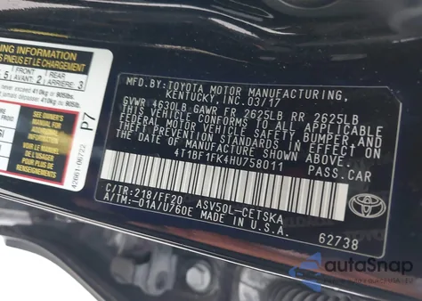 2017 Toyota Camry Se z USA, uszkodzony, nr VIN 4T1BF1FK4HU758011